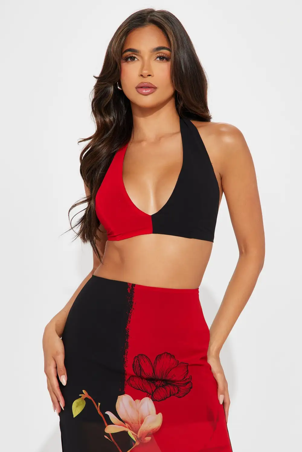 Two Sides Floral Skirt Set - Red/Black