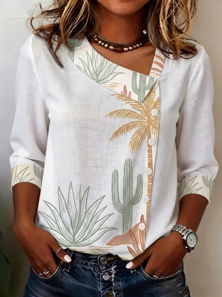 Women's Nashville Cactus Palm Printed Asymmetric Button Top