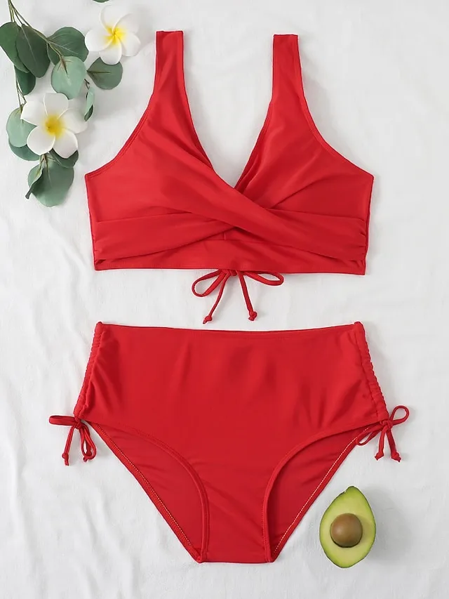 Women's Swimwear Bikini 2 Piece Normal Swimsuit Pleated 2 Piece High Waist Open Back Sexy Pure Color Black Red Fuchsia Green Padded V Wire Bathing Suits Sexy Vacation Stylish