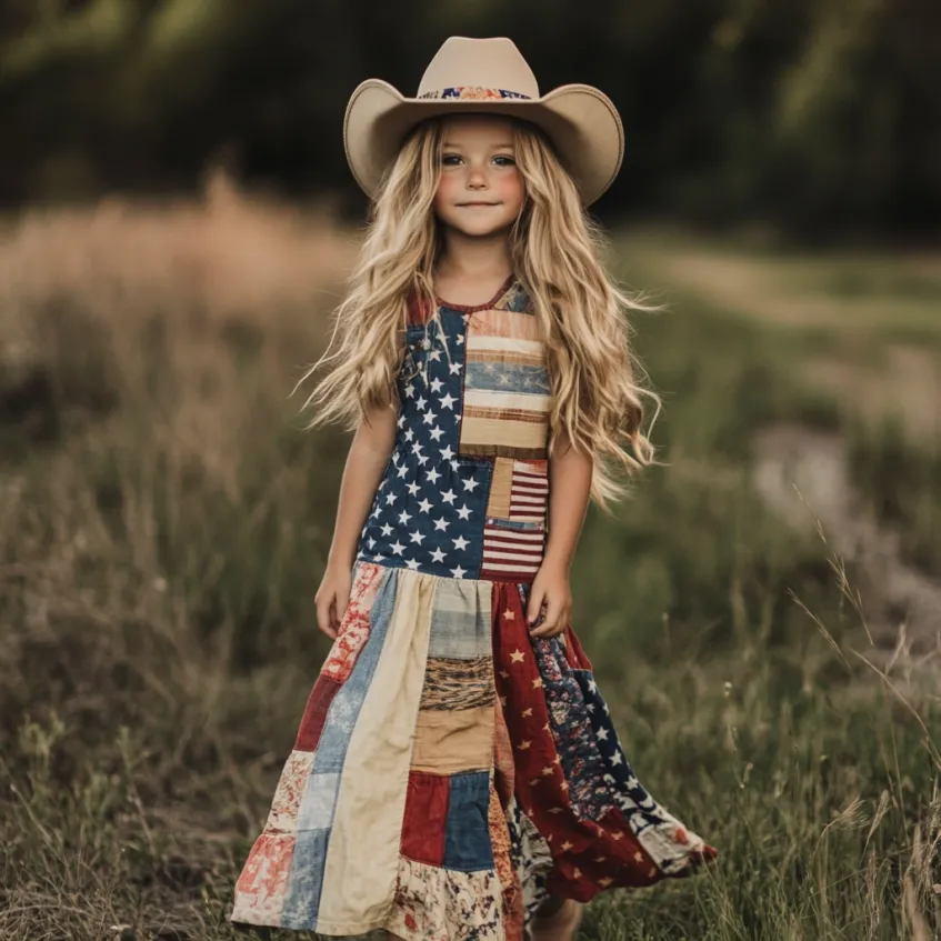 Young Girl's Patchwork Independence Day America Flag Print Linen Tank Dress（with Belt）