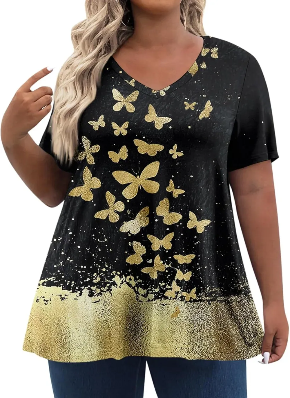 Plus Size Tops for Women Dressy Short Sleeve V Neck Shirts for Women Summer Tops for Women 2024 Floral Print Top