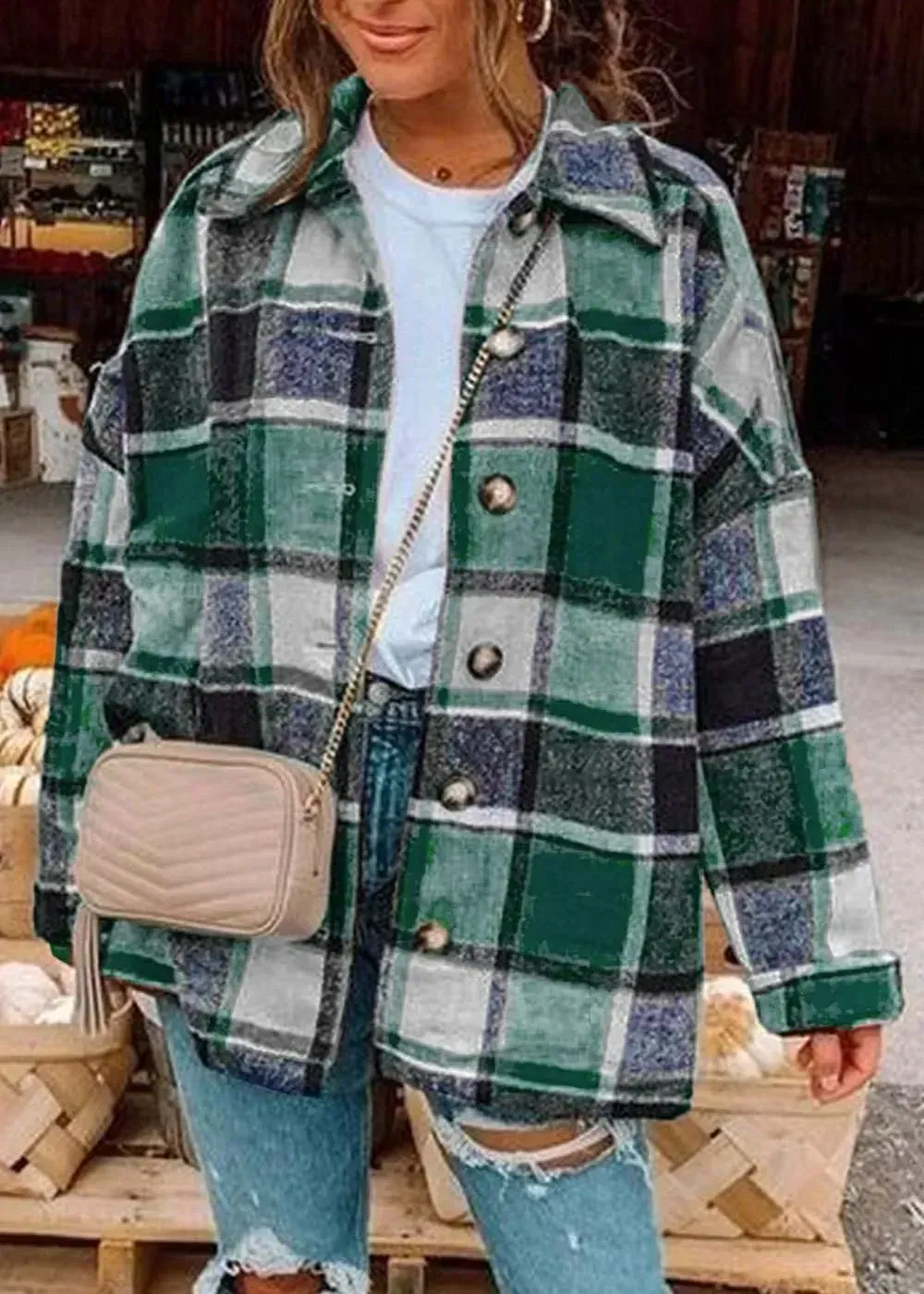 Women's 2023 Fall Clothes Plaid Shacket Jacket Long Sleeve Button Down Flannel Shirts Fashion Blouse