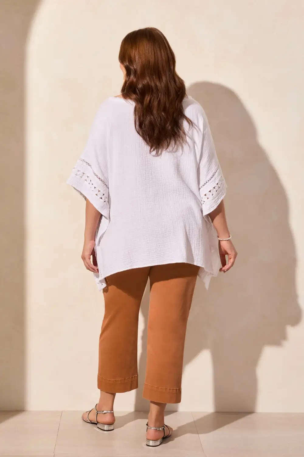 Vintage Wash Cotton Gauze Kaftan Blouse With Fancy Trim-White