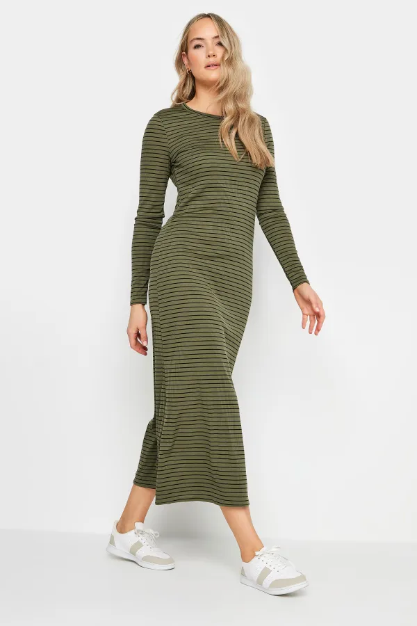 LTS Tall Khaki Green & Black Stripe Ribbed Midi Dress