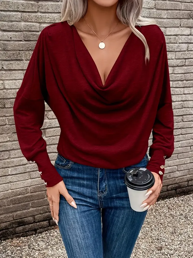 Women'S Elegant Cowl Collar Long Sleeve Knit T-Shirt, Solid Color Polyester 95% Elastane 5% Knit Fabric, Regular Length Spring/Fall Top with Button Detail