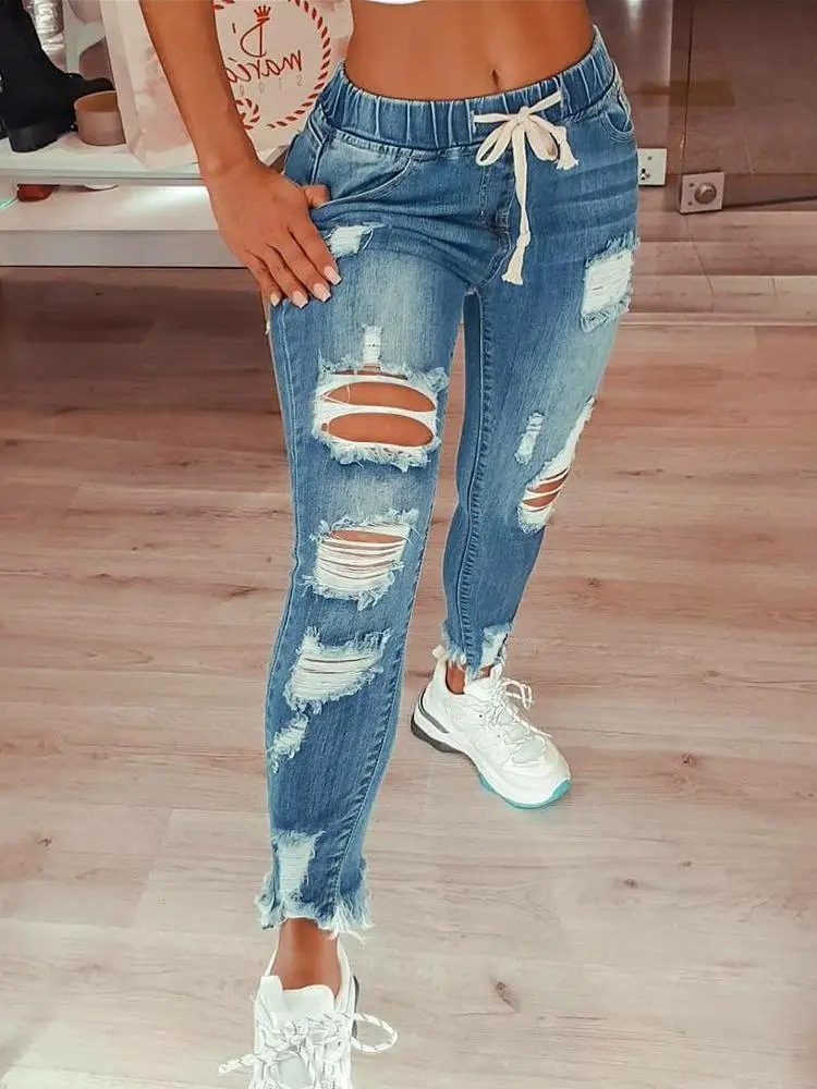 Solid Ripped Skinny Jean Pants