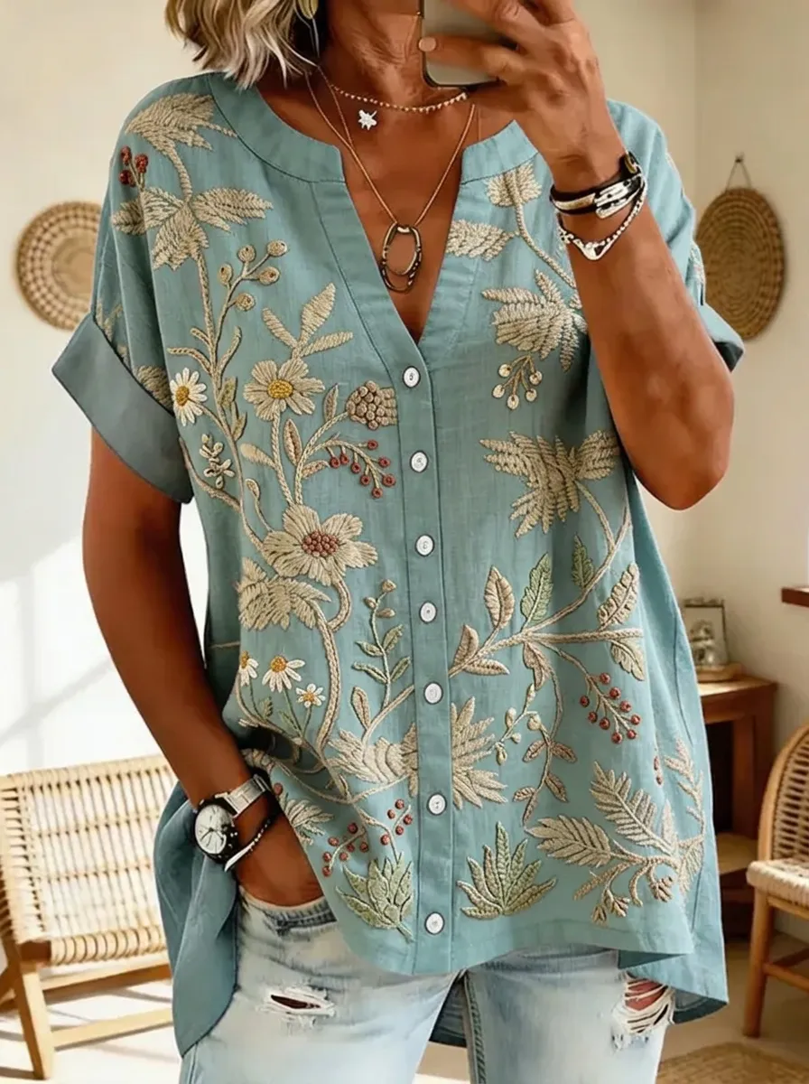 Women's Nashville Floral Botanical Embroidered Printed Top