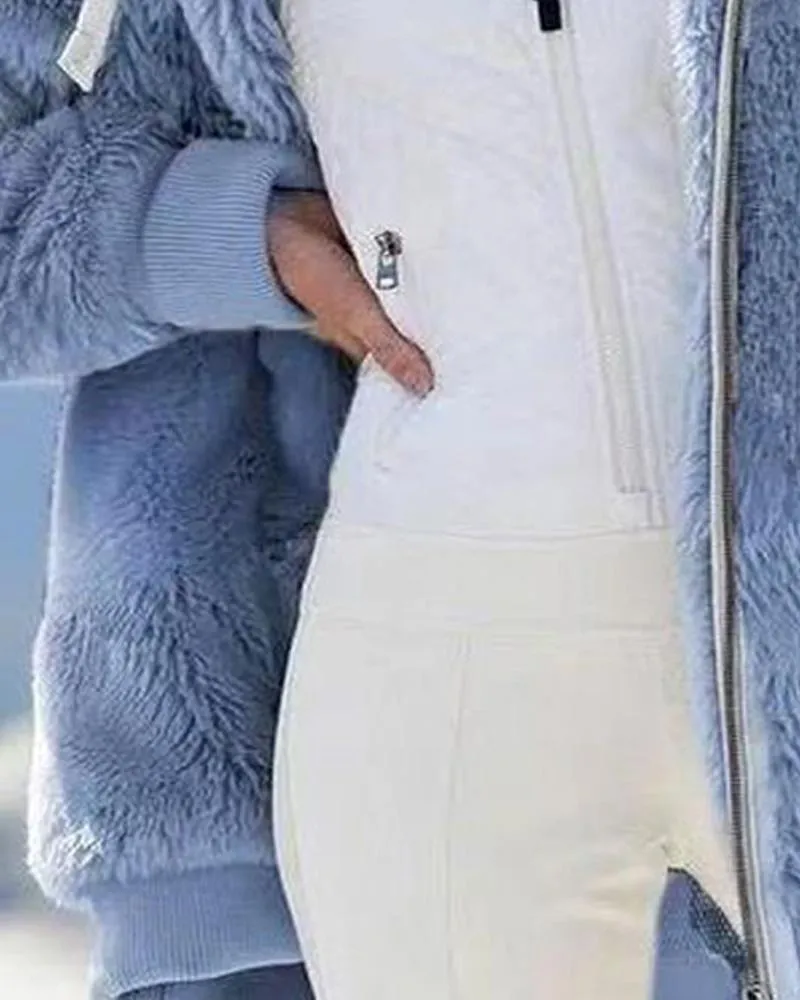 Long Sleeve Fuzzy Hooded Zip Up Teddy Coat