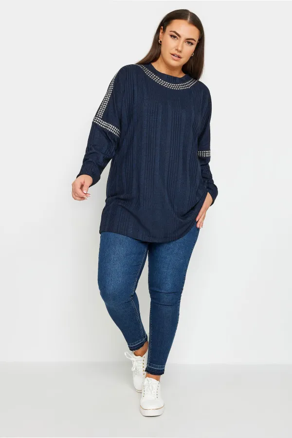 YOURS LUXURY Curve Navy Blue Stud Neckline Embellished Jumper