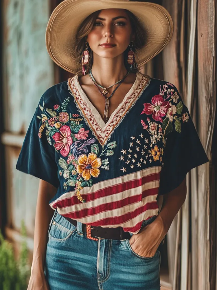 Women's Vintage Independence Day Flag Floral Embroidery V-neck T-shirt