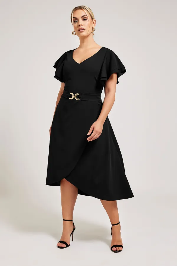 YOURS LONDON Curve Black Buckle Dipped Hem Midi Dress