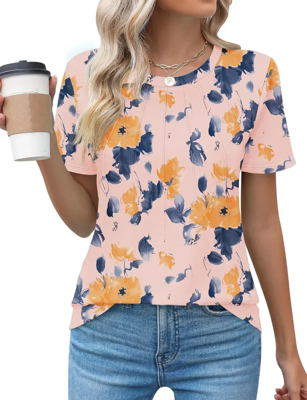 Kistore Womens Casual Crew Neck Short Sleeve Pleated Tops Blouses Fashion Clothes 2024