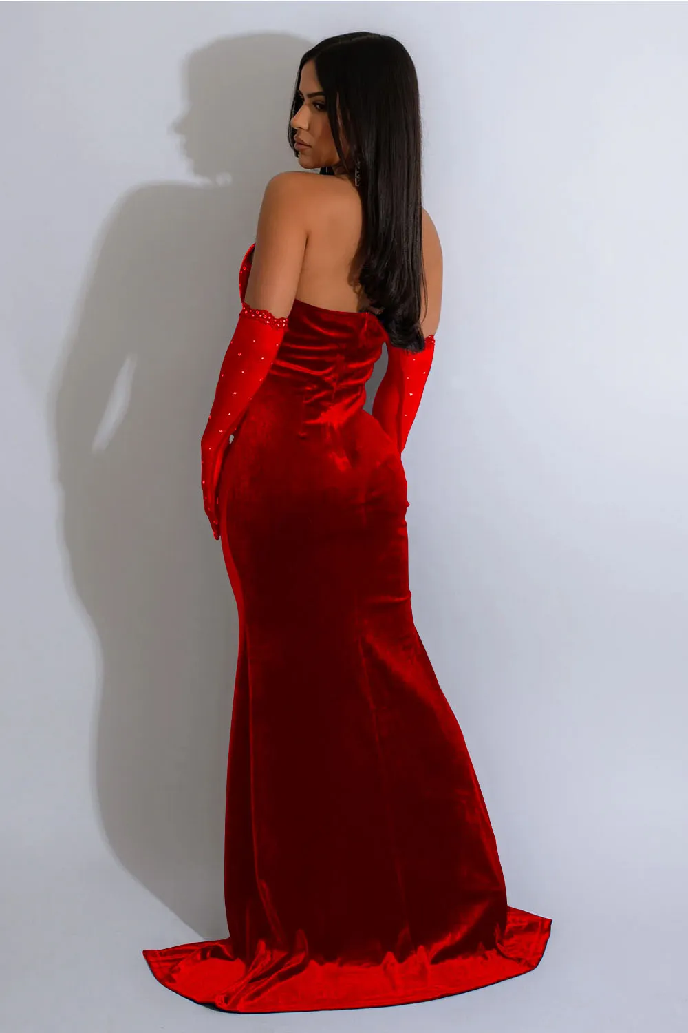 Rhinestone Decor Halter Corset Slit Fishtail Hem Gowns Maxi Dresses-Black