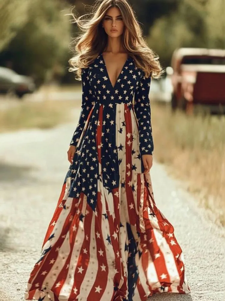 Women's Vintage Independence Day Flag Printed Maxi Dress