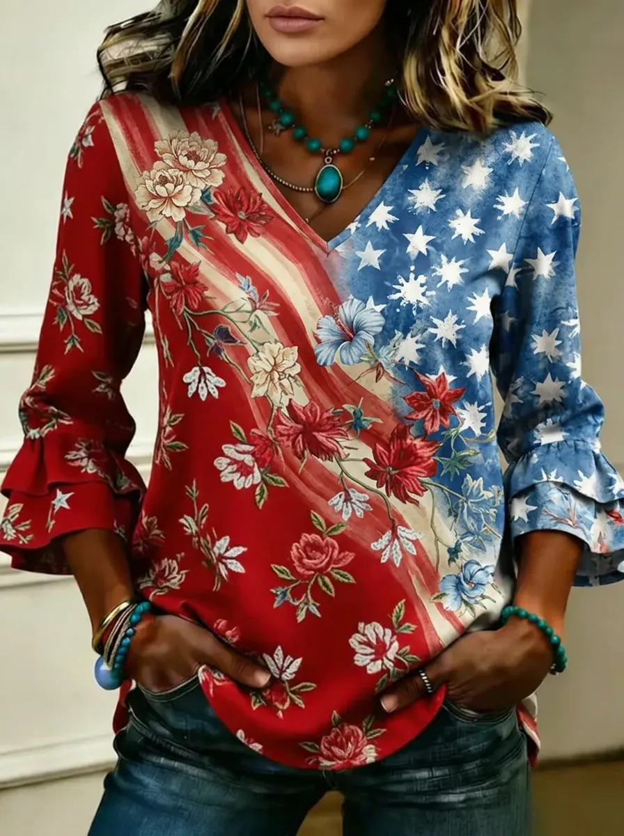 Women's Nashville Patriotic Floral Star Printed V-neck Top