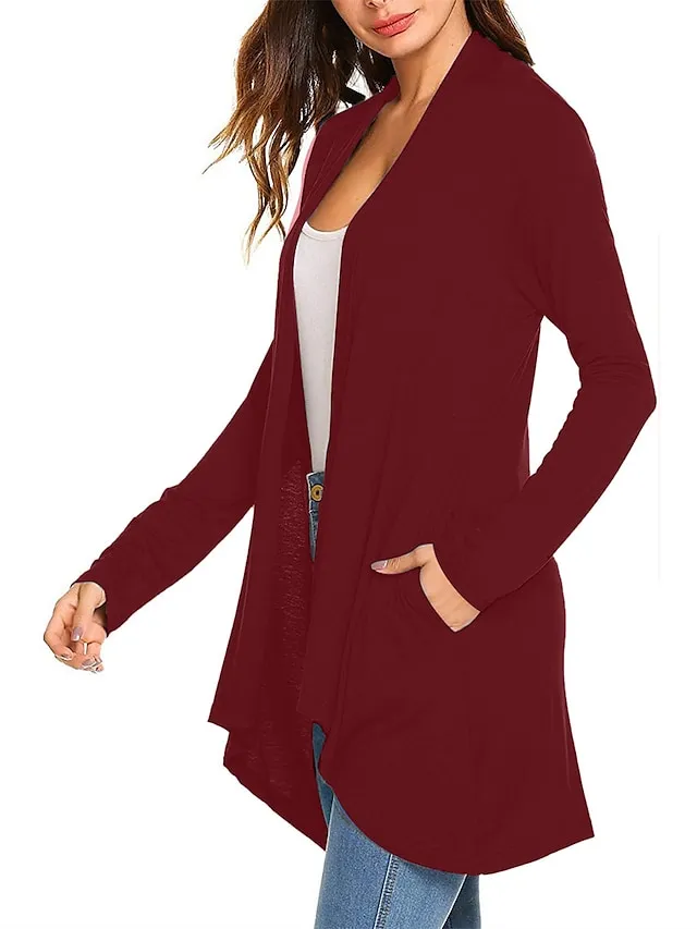 Women's Cardigan Sweater Open Front Ribbed Knit Knit Pocket Summer Fall Outdoor Daily Weekend Stylish Casual Soft Long Sleeve Solid Color Black White Wine S M L