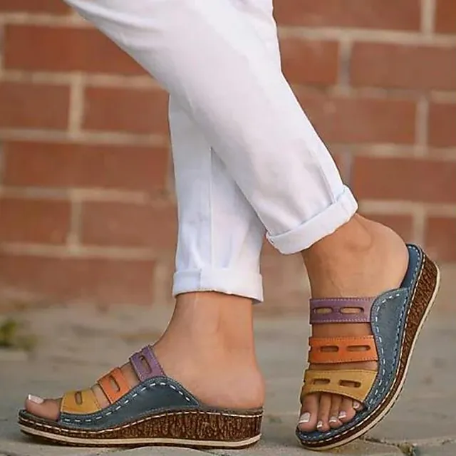 Women's Sandals Boho Bohemia Beach Wedge Sandals Outdoor Slippers Outdoor Daily Beach Summer Spring Wedge Heel Open Toe Classic Casual Faux Leather Loafer Color Block White Red Blue