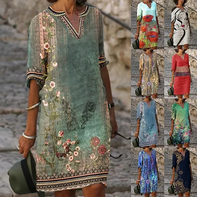 Women‘s Casual Dress Ethnic Dress Shift Dress Midi Dress Leopard Black White Half Sleeve Floral Print Summer Spring V Neck Basic Daily Vacation Weekend 2023 S M L XL XXL 3XL