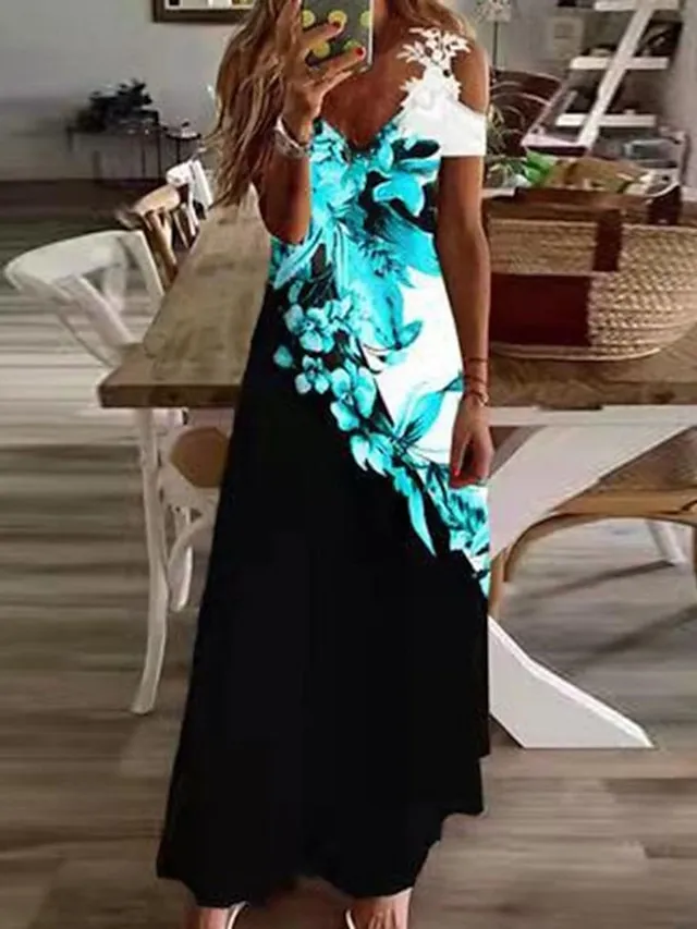 Women's Casual Dress Floral Dress Long Dress Maxi Dress Black White Blue Short Sleeve Floral Cold Shoulder Spring Summer V Neck Fashion Daily Vacation Weekend 2023 S M L XL XXL 3XL