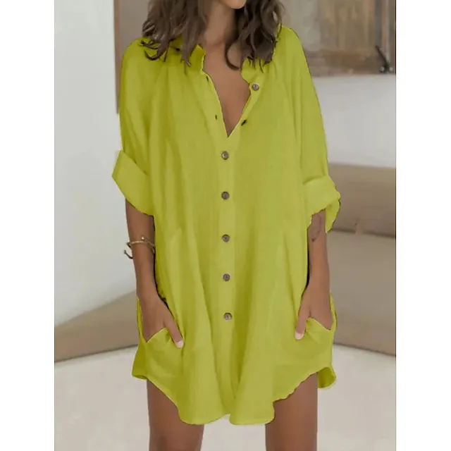 Women's Shirt Dress Casual Dress Mini Dress White Green Long Sleeve Pure Color Button Fall Spring Summer Shirt Collar Basic Daily Fall Dress Loose Fit 2023 M L XL 2XL 3XL