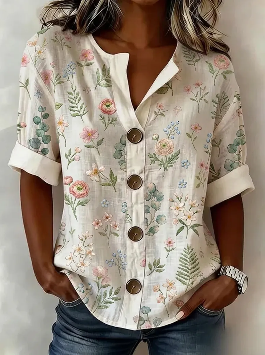 Women's Nashville Floral Botanical Printed Button-Up Shirt