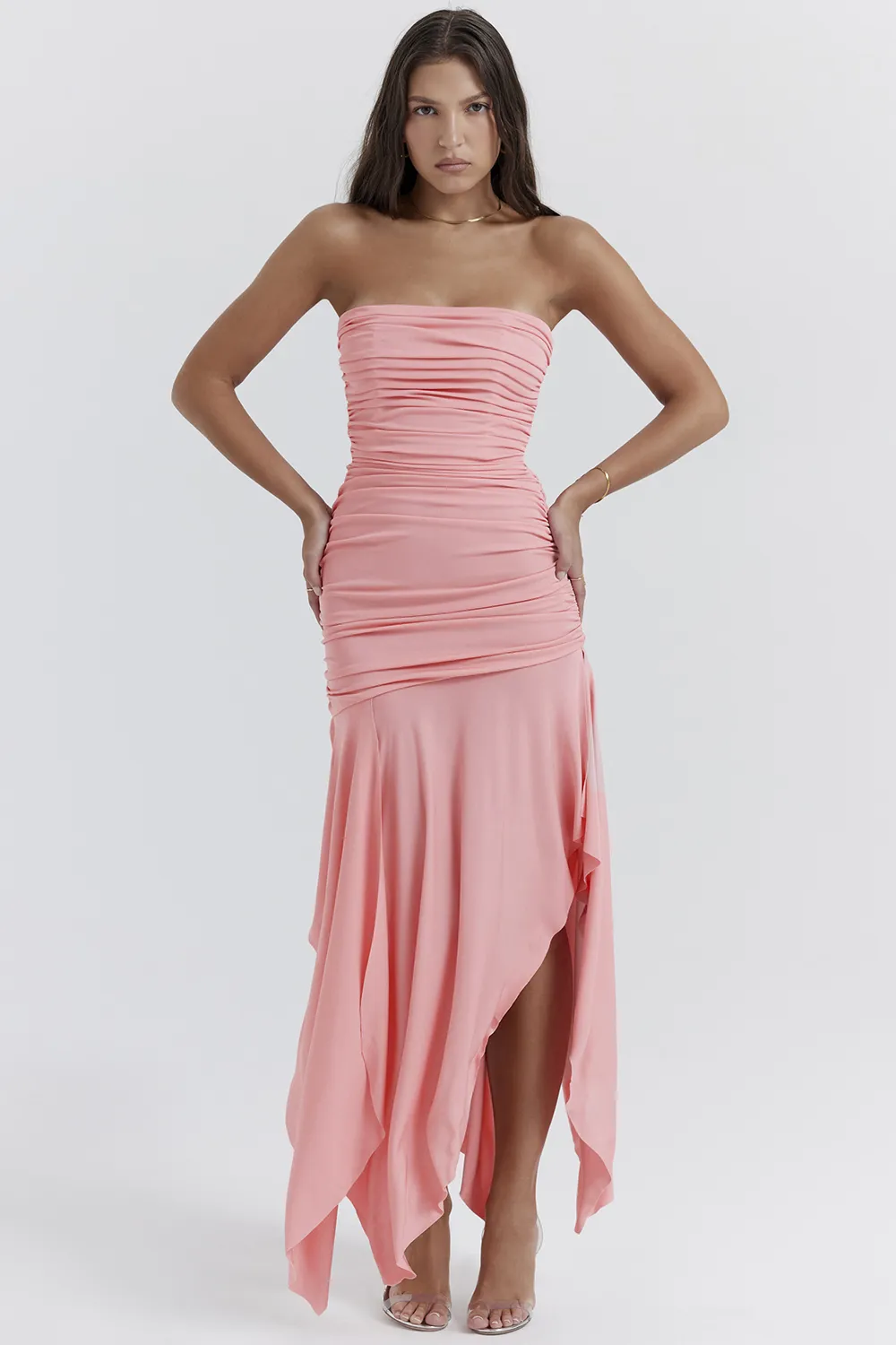 PINK GATHERED ASYMMETRIC DRESS