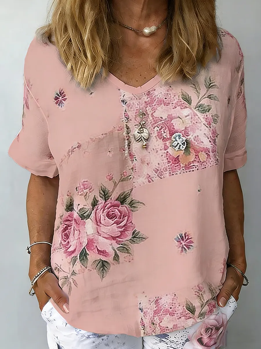 Women's Retro Peony Embroidery Block Art Pattern V-neck T-shirt