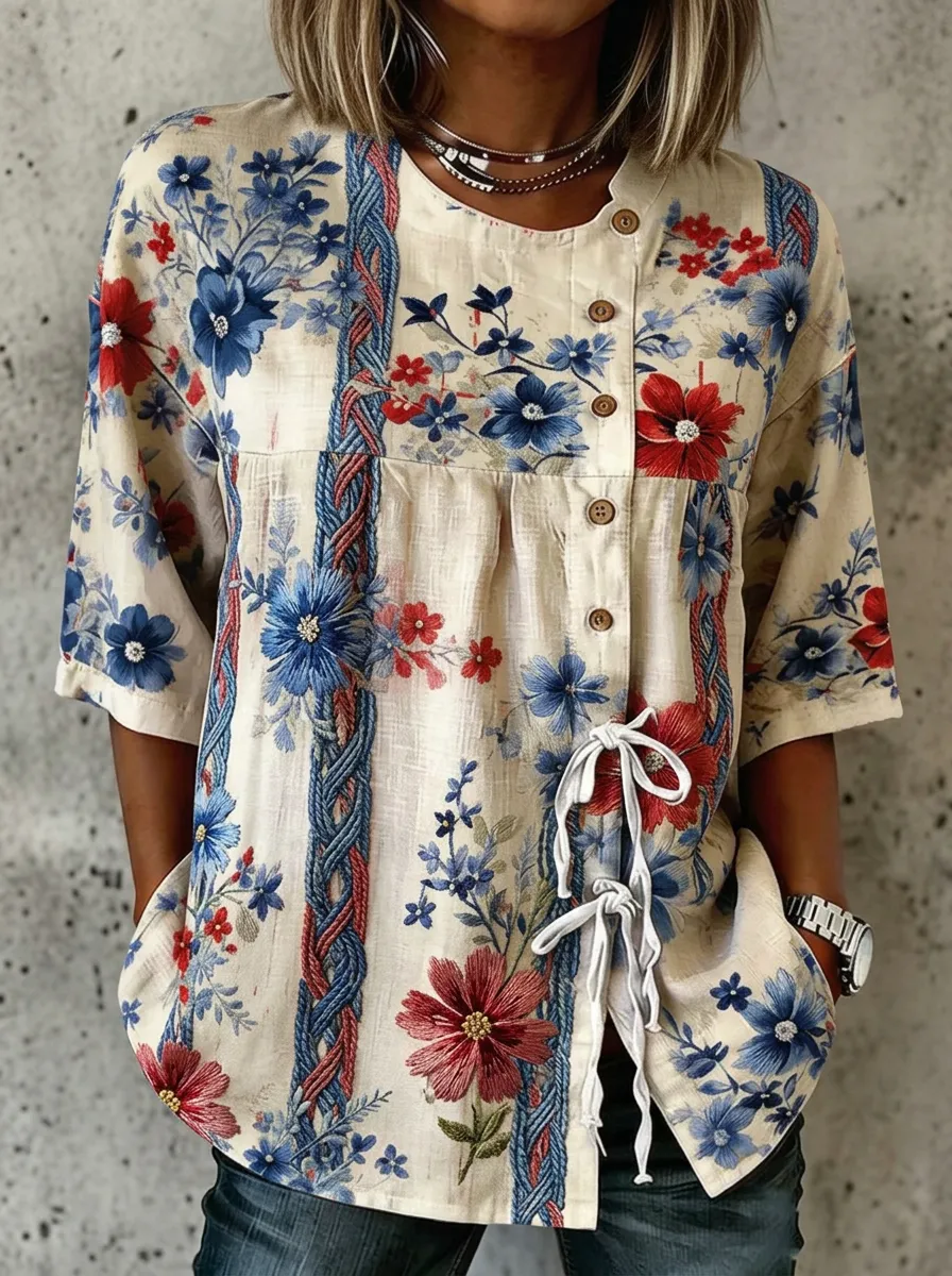 Women's Nashville Floral Rope Pattern Printed Button-Up Shirt