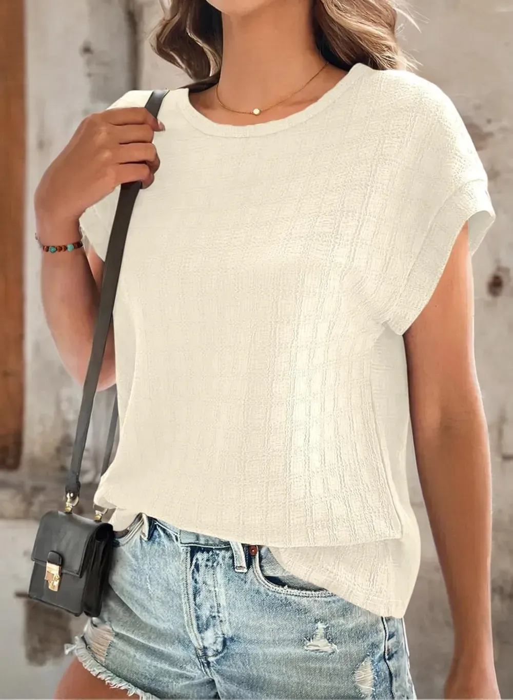 Dokotoo Tops for Women Trendy Summer Casual Cap Short Sleeve Basic Textured Solid Color Round Neck T Shirts Blouse