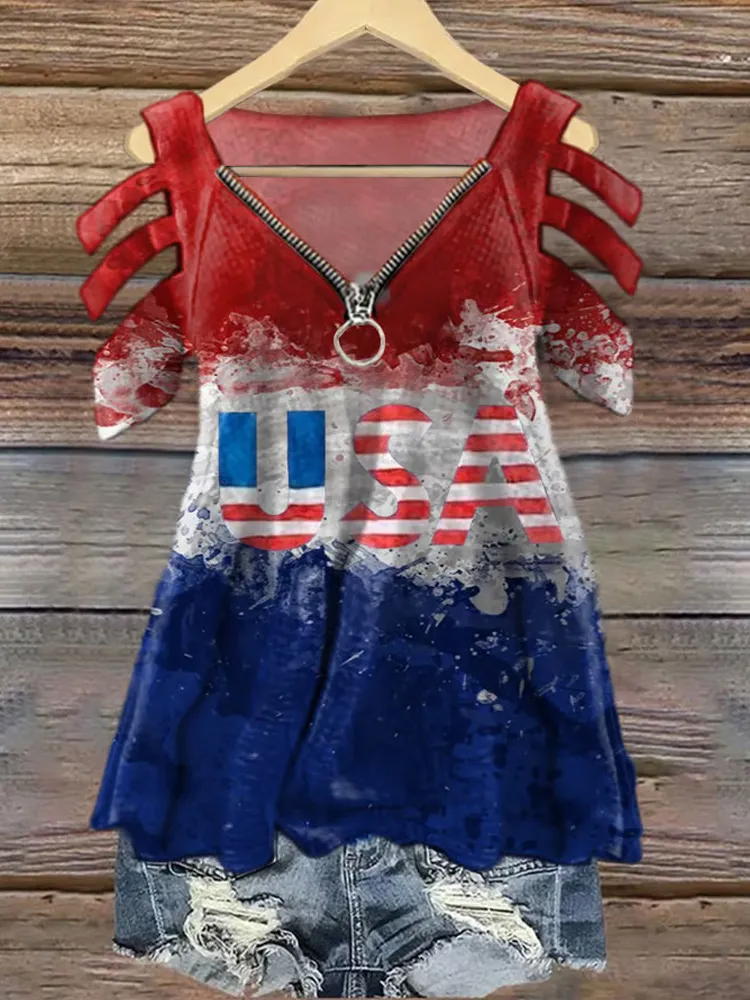 Women's Usa Flag Print V Neck T-shirt