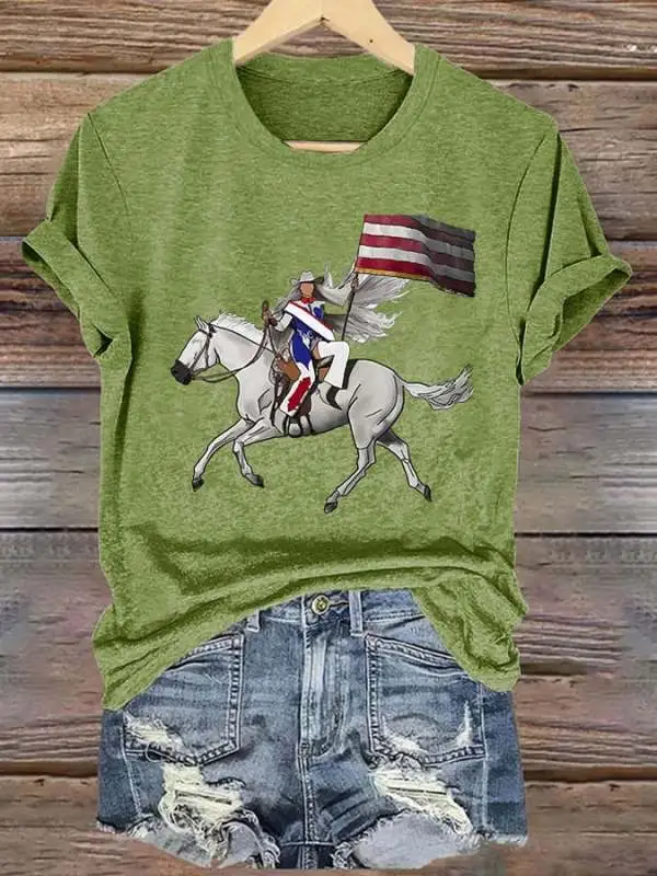 Retro Country Western Music Cowboy Horse And Flag Print T-Shirt