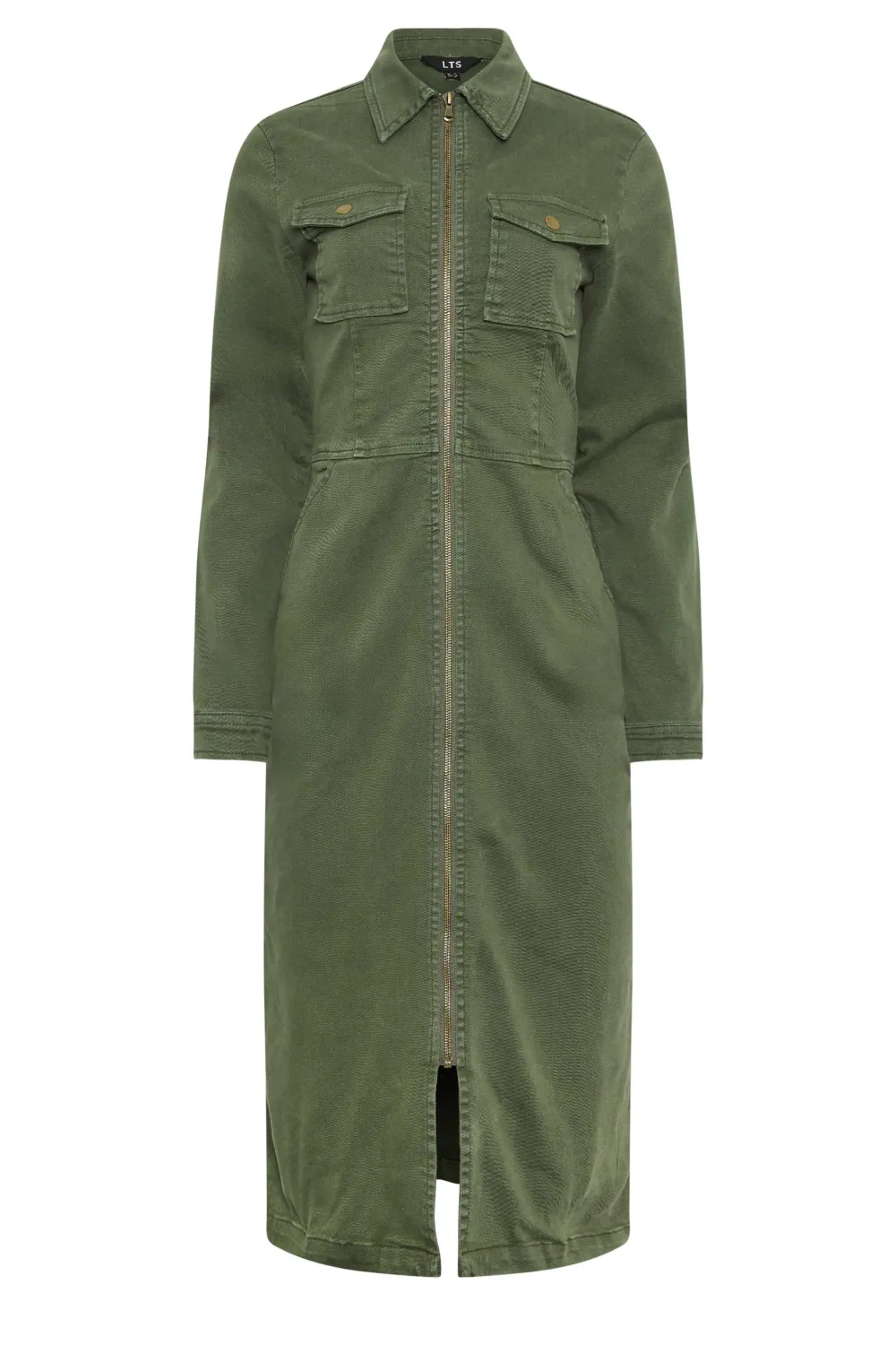 LTS Tall Khaki Green Denim Zip Through Midi Dress