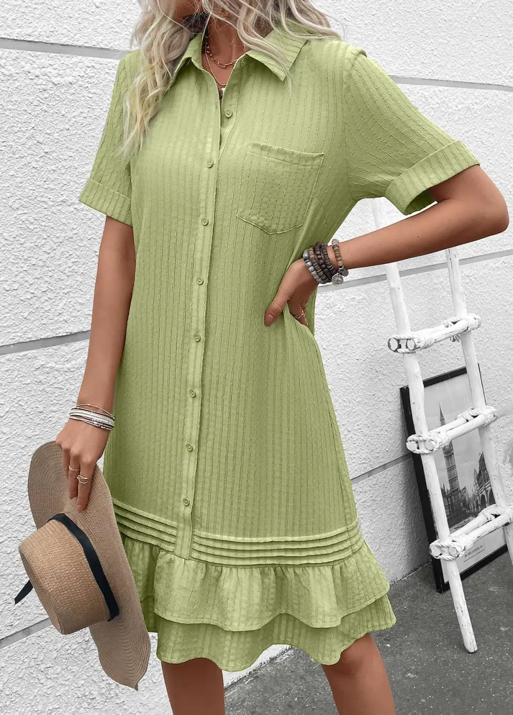 Sage Green Button A Line Short Sleeve Dress