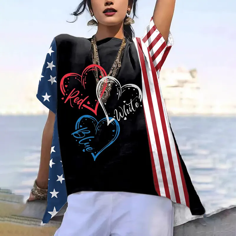 Women's Retro Red White Blue Print Casual Shirt