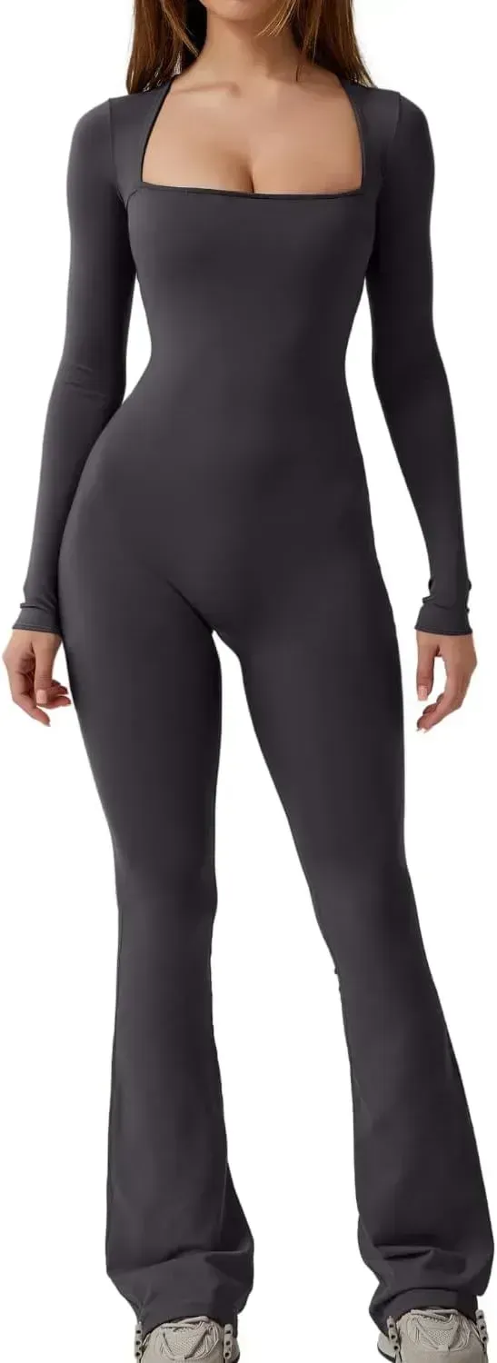 Long Sleeve Jumpsuits for Women Square Neck Wide Leg Full Length Romper Playsuit