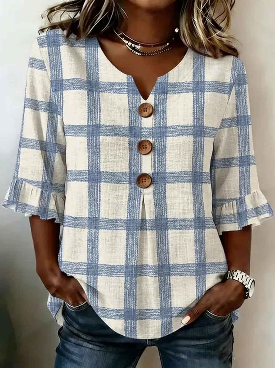 Women's Nashville Plaid Ruffle Sleeve Button-Down Printed Top