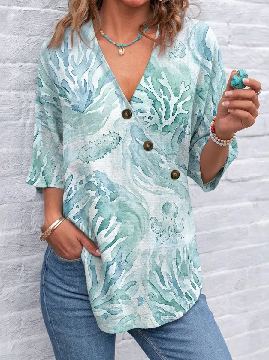 Women's Nashville Ocean Coral Octopus Printed V-neck Top