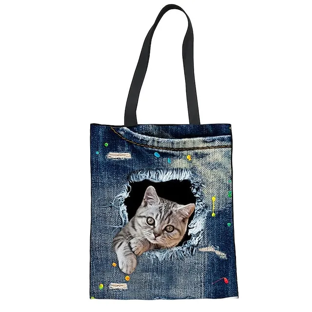 Women's Tote Shoulder Bag Canvas Tote Bag Polyester Shopping Holiday Print Large Capacity Foldable Lightweight Cat C3303Z22 CA4914Z22 CA4912Z22