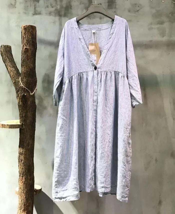 Women's V-neck cotton and linen long skirt