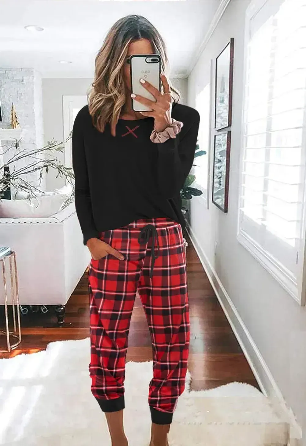 Women's Pajamas Sets Long Sleeve with Plaid Pants Soft Sleepwear O Neck 2 Piece Pjs Joggers Loung Set with Pockets