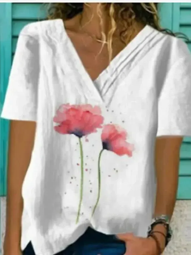 Women's T shirt Tee Yellow Red Blue Floral Print Short Sleeve Holiday Weekend Basic V Neck Regular Floral Painting S