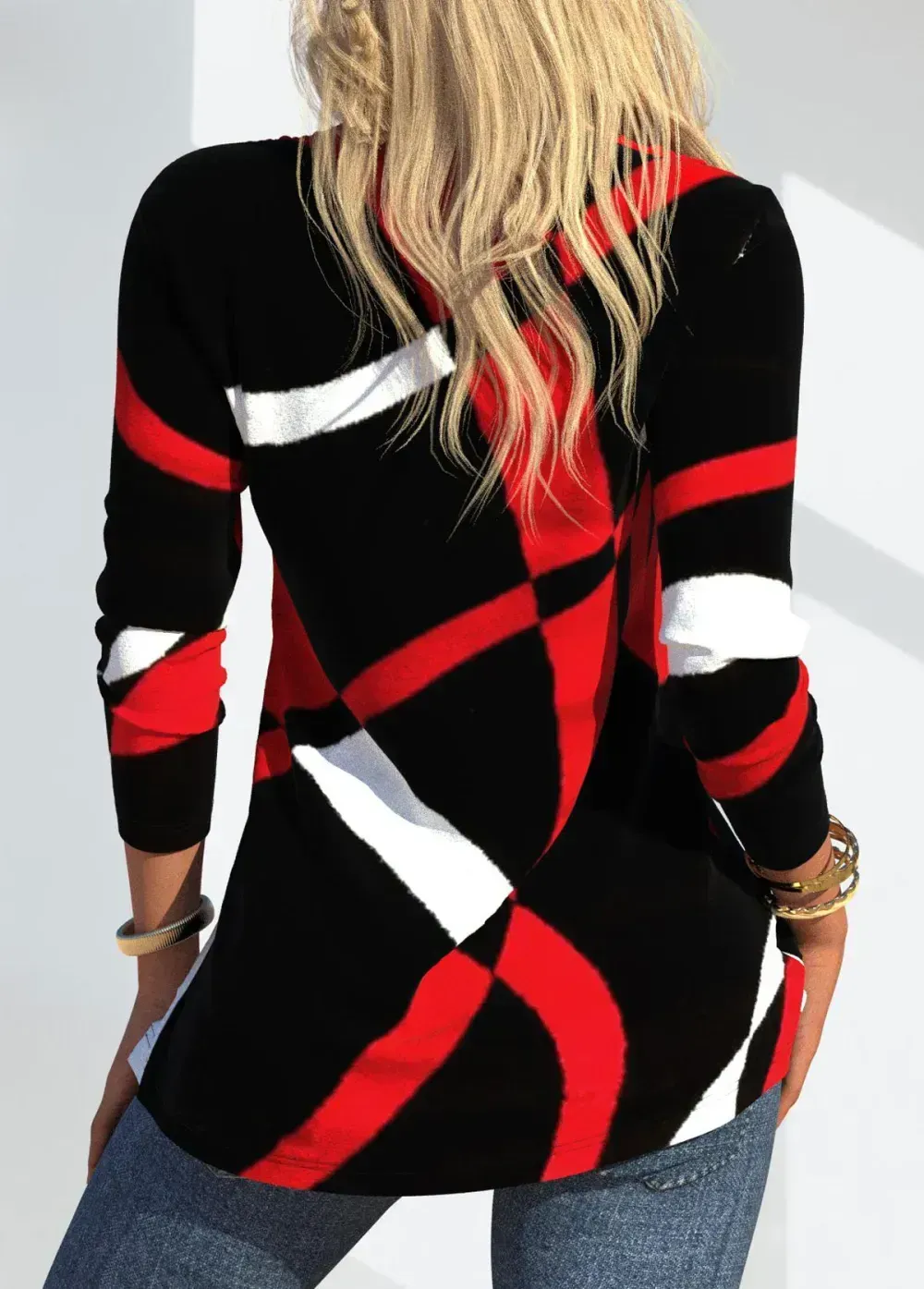Red Button Geometric Print Long Sleeve V Neck Sweatshirt