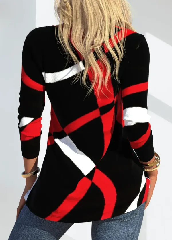 Red Button Geometric Print Long Sleeve V Neck Sweatshirt