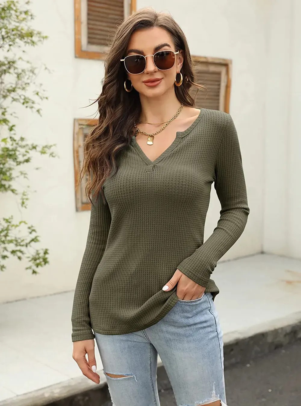 Women's V Neck Waffle Knit Henley Tops Casual Long Sleeve Pullover Sweater Blouses