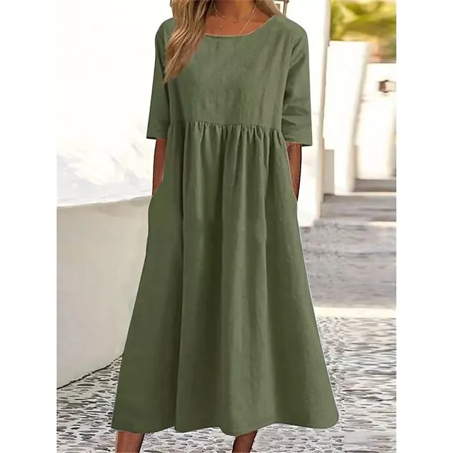 Women's Casual Dress Cotton Dress Swing Dress Midi Dress Cotton Basic Casual Outdoor Daily Crew Neck Pocket Smocked Half Sleeve Summer Spring Fall 2023 Loose Fit Light Blue Black White Pure Color S M