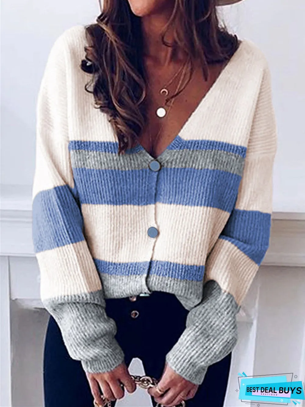 V-Button Striped Stitching Cardigan Sweater