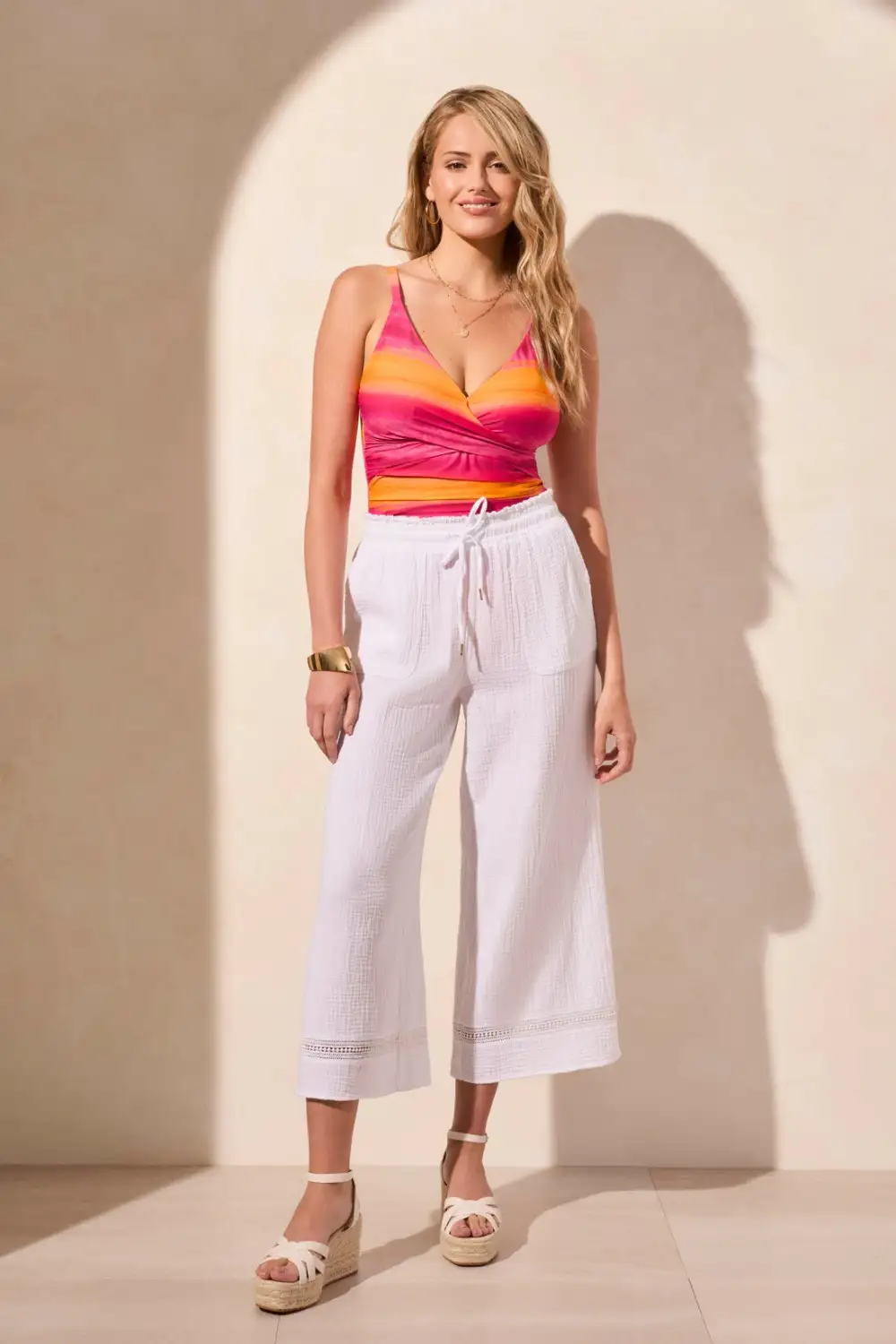 Wide Leg Cover-Up Capri Pants-White