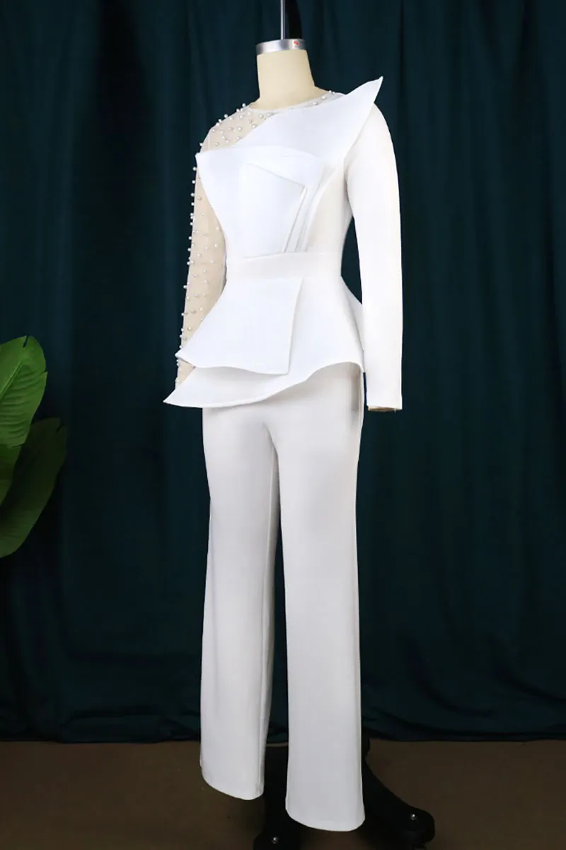 Mesh Patchwork Pearls Long Sleeve Asymmetric Trim Straight Leg Evening White Jumpsuit
