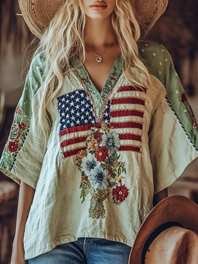 Women's Independence Day American Flag Floral Embroidered V-neck Linen Blend T-shirt