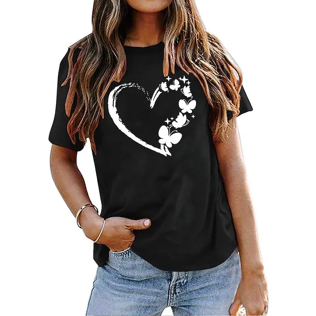Women's T shirt Tee Cotton 100% Cotton Butterfly Heart pea green Black White Basic Print Short Sleeve Home Daily Date Basic Round Neck Regular Fit T-shirt Sleeve Summer